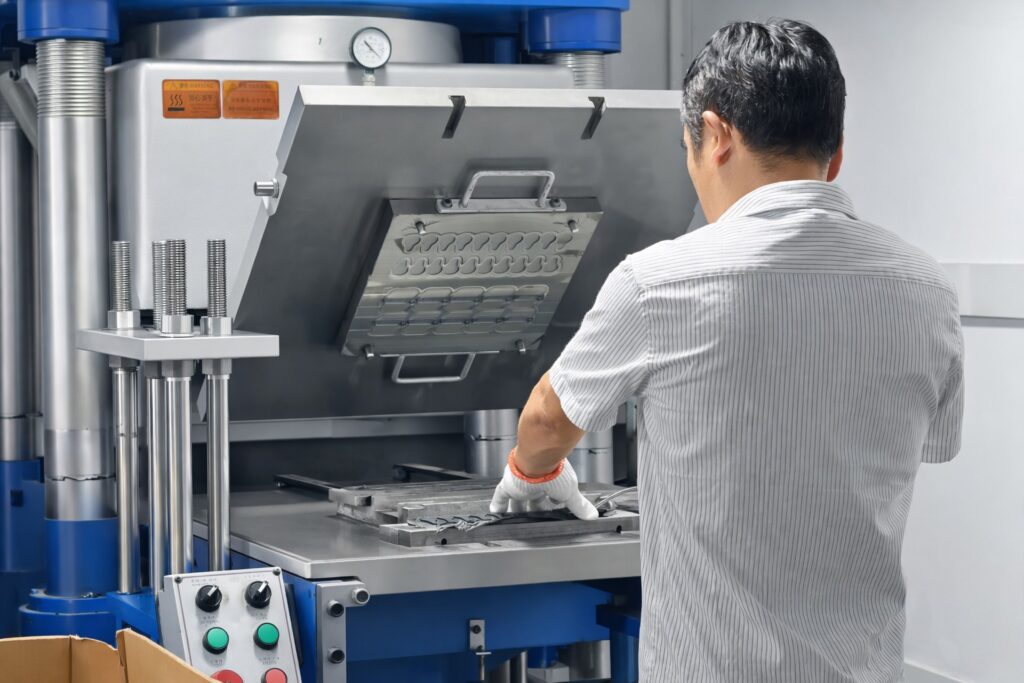 A compression machine is manufacturing a silicone rubber keypad