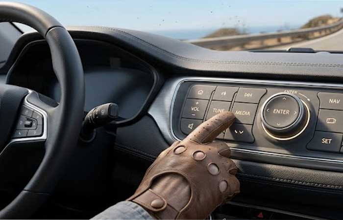 A driver in leather gloves operating an automotive infotainment system featuring integrated Low Force Silicone Keypads for smooth responsive control