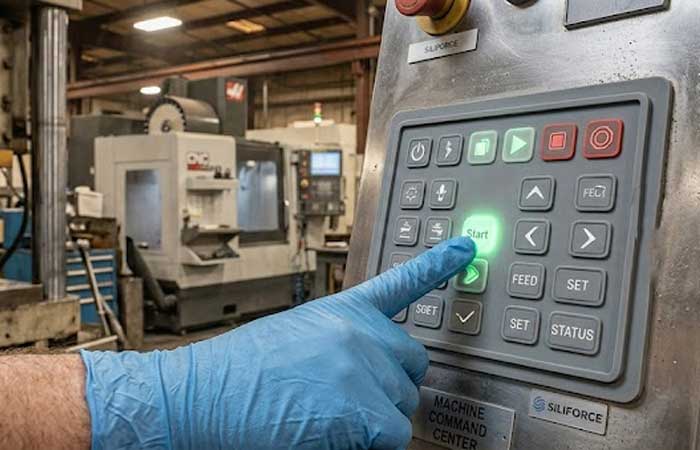 A gloved operator presses a backlit start button on an industrial control panel which features a custom Low Force Silicone Keypad