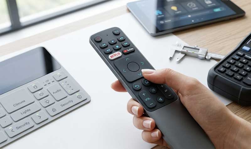 A hand holding a sleek smart remote control with a custom carbon pill silicone keypad surrounded by other consumer electronics like a smart home panel and handheld instrument