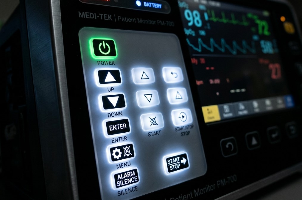 A medical device is equipped with an LSR backlit silicone keypad