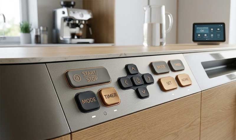A modern home appliance interface featuring sleek Dual Color Silicone Keypads in charcoal black and metallic bronze providing an intuitive and stylish user experience in a contemporary kitc