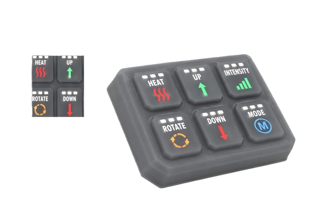 A overmolded, and laser-etched silicone keypad with backlight effect for massage chair
