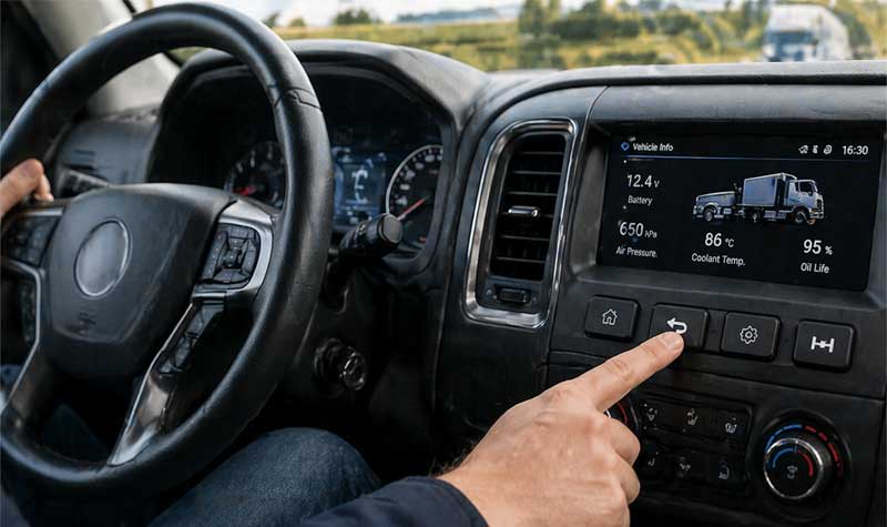 Car interior dashboard with single silicone buttons on steering and control panels demonstrating ergonomic vehicle operation