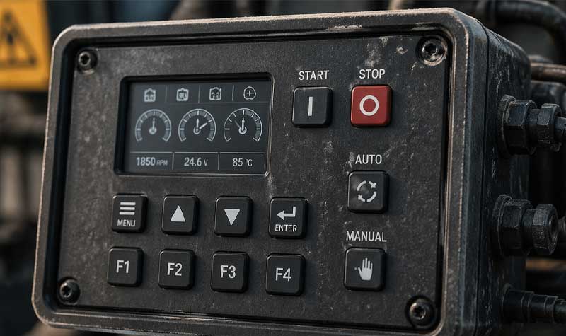 Close up of an industrial control panel with compact durable silicone buttons designed for high vibration and dusty environments showing precise tactile feedback and high cycle actuation