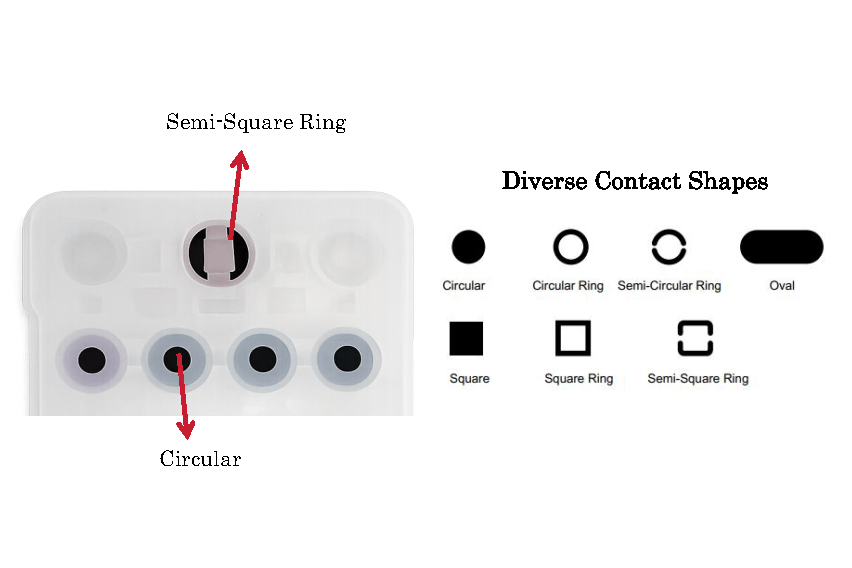 Different contact shapes and circular & semi-circular ring contacts in a silicone keypad