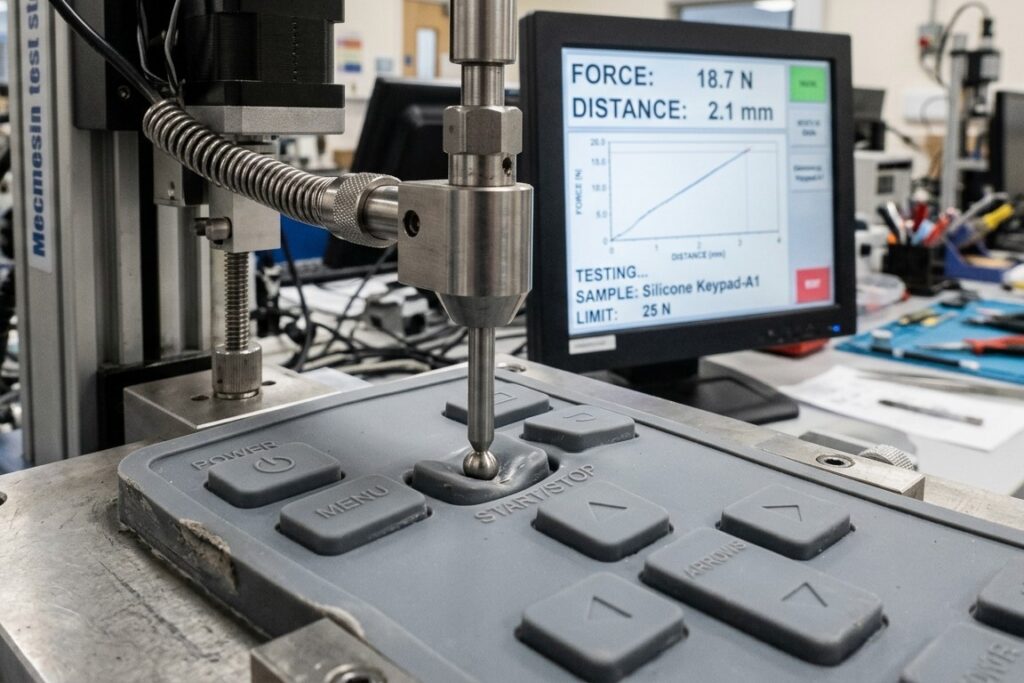 Durability testing for a silicone keypad with data about actuation force, travel distance, and life cycle