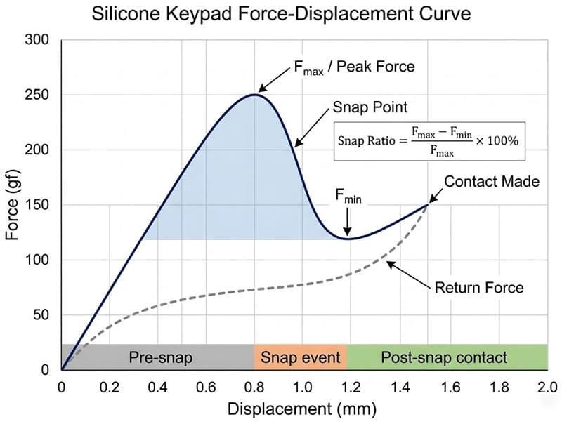 Force-displacement curve of a silicone keypad