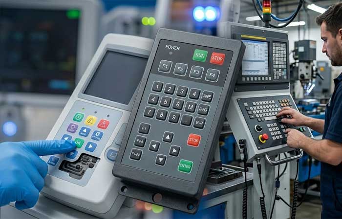 Industrial control panels featuring custom carbon pill silicone keypads in a manufacturing setting