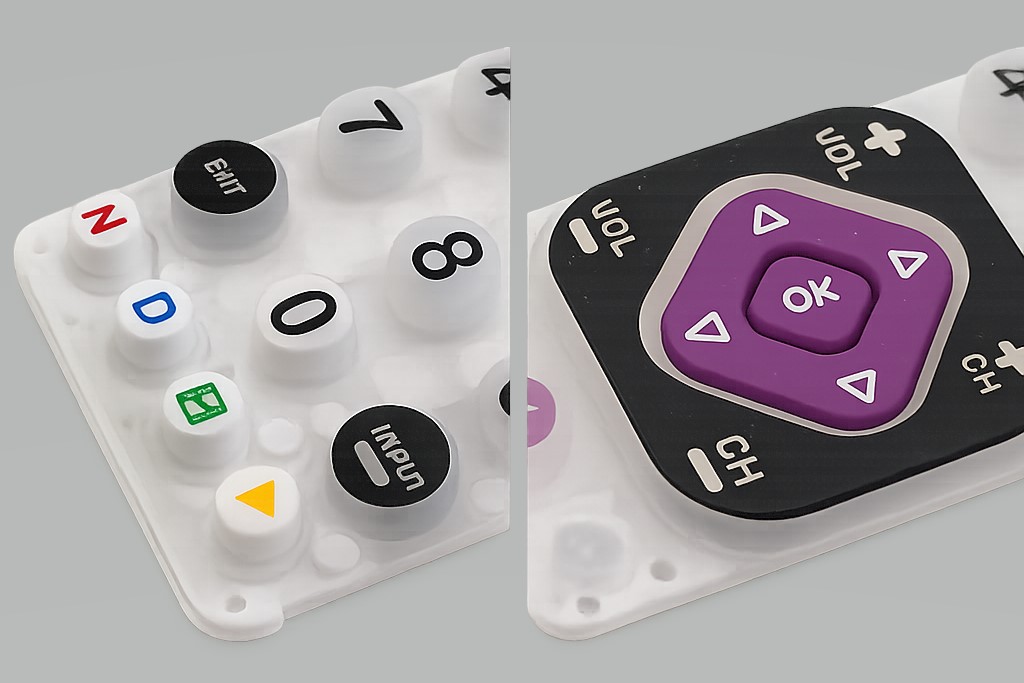 Laser-etched legends and legends printed by screen printing process in a TV remote