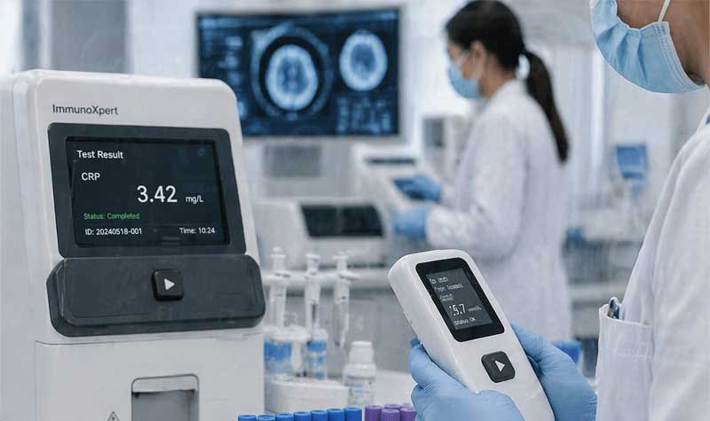 Medical staff in a hospital laboratory using diagnostic devices with single silicone button control panels in a clean hygienic environment
