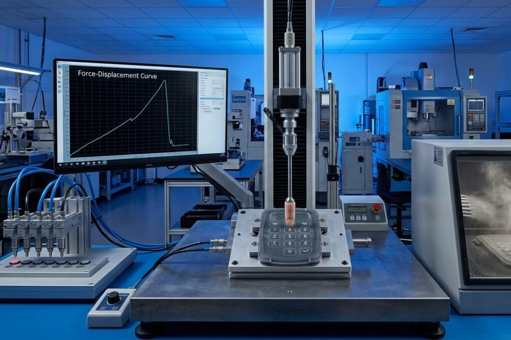 Relevant tests for silicone keypads upon actuation force, snap ratio, and resistance to salt fog