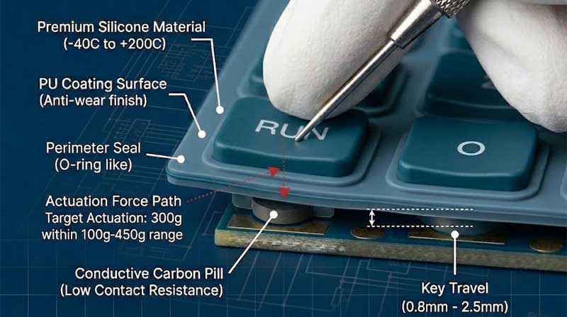 Technical infographic of a carbon pill silicone keypad showing internal structure actuation force and key travel for industrial and medical control panels