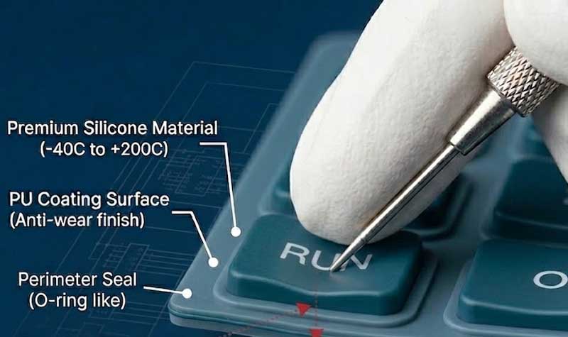 Technical infographic of a dual color industrial silicone keypad featuring integrated red RUN buttons on a blue base
