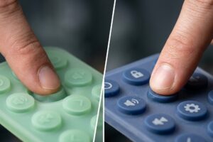 Two different colors and hardnesses of silicone keypads are pressed by fingers