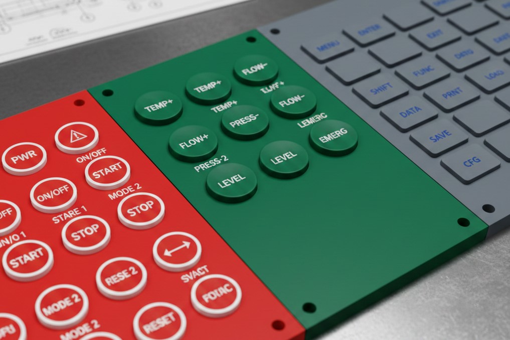 green, red, and gray industrial silicone keypads for controller