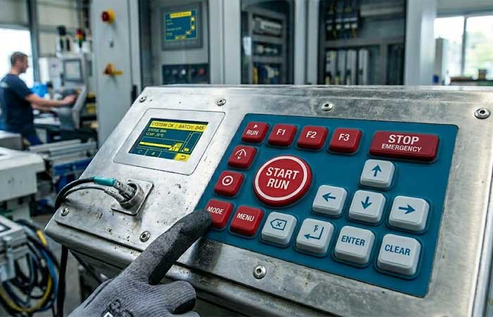 professional industrial control panel featuring Dual Color Silicone Keypads with red and light gray keys integrated into a stainless steel interface within a factory setting
