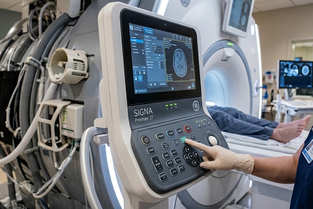 A CT scan machine with a silicone keypad in the control panel as an interactive user interface