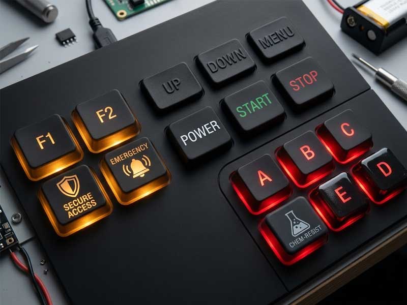 A black control panel featuring laser etched legends with vibrant red and yellow integrated backlighting Security Access Control Silicone Keypads