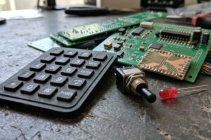 A black silicone rubber keypad, a printed circuit board, a LED component, and a switch