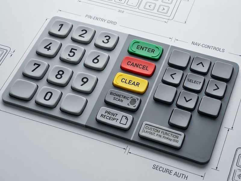 A custom designed financial equipment silicone keypad layout with numeric grids colored transaction keys and navigation controls resting on top of an engineering blueprint