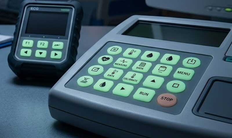 A desktop medical monitor and a portable ECG device featuring luminous green Glow in the Dark Silicone Keypads with functional icons and navigation buttons displayed on a laboratory desk