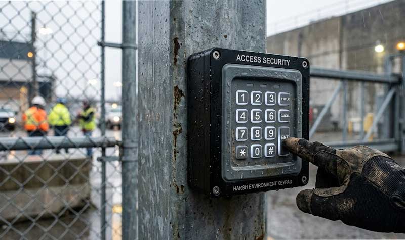 A gloved hand presses a key on a rugged weather resistant outdoor entry system equipped with Security Access Control Silicone Keypads