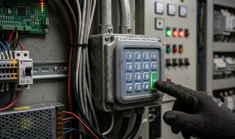 A gloved hand presses the green enter key on an industrial control panel featuring backlit Security Access Control Silicone Keypads surrounded by complex electrical wiring and circuit boards