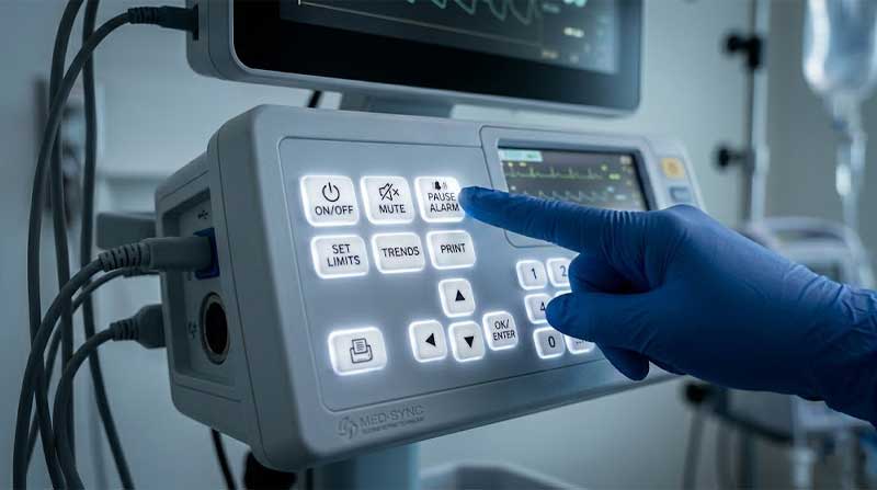 A gloved medical professional operates a diagnostic patient monitor featuring brightly illuminated backlit silicone keypads designed