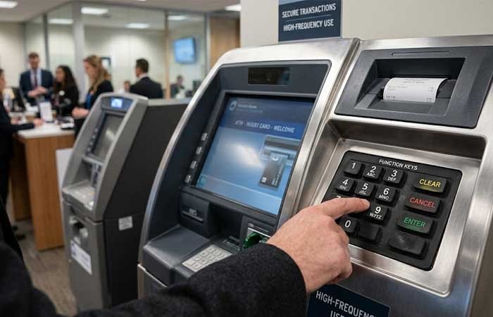 A hand pressing a button on durable Financial Equipment Silicone Keypads integrated into a high use bank ATM terminal