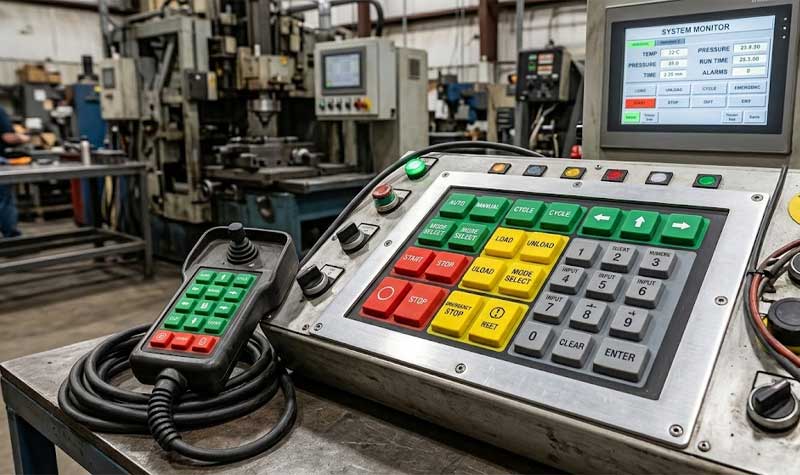 A heavy duty industrial control panel and a handheld controller equipped with Multi Color Silicone Keypads on a factory machine shop workbench