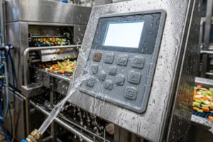 A machine in food processing with a silicone keypad in the user interface is flashing by water