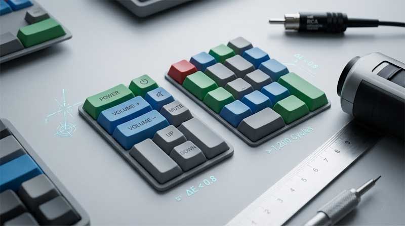 A macro photograph on an engineering workbench displays two multi color silicone keypads with clear button legends alongside precision measuring tools