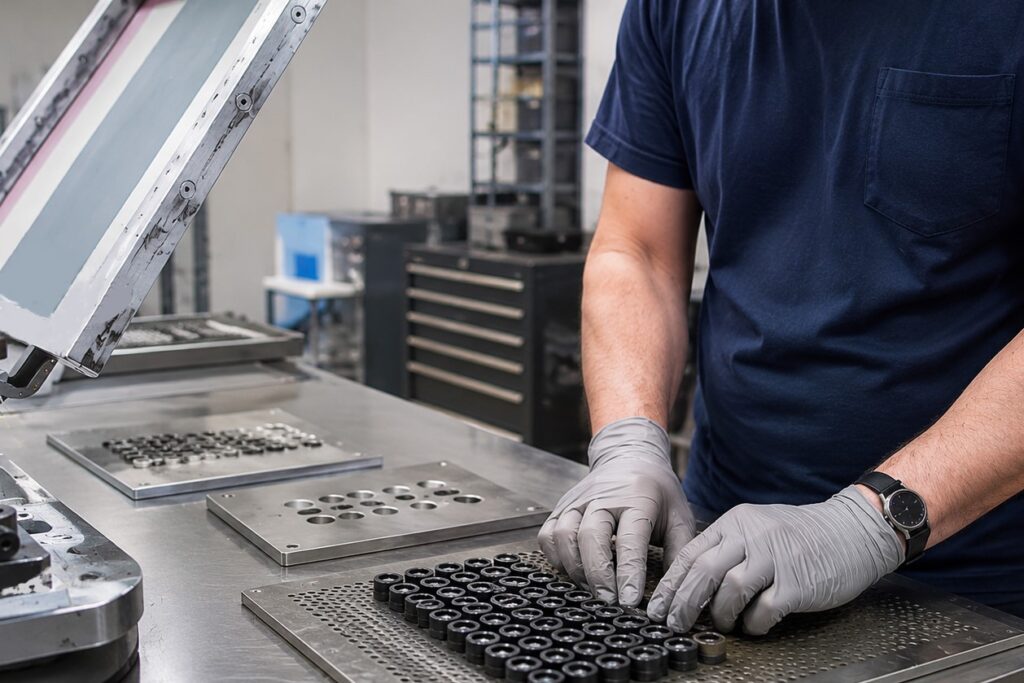 A man is placing black uncured silicone raw materials  on the cavity of a tooling for molding process in silicone keypad production