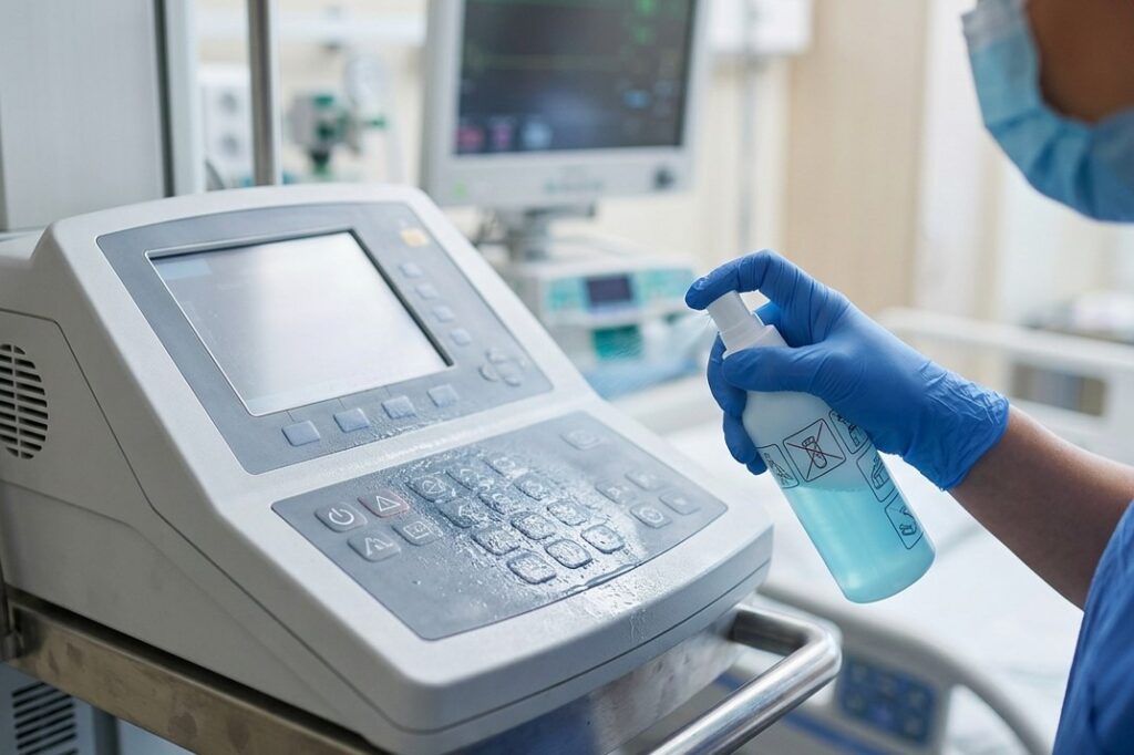 A man is spraying disinfectants on the surface of silicone keypad in a medical equipment