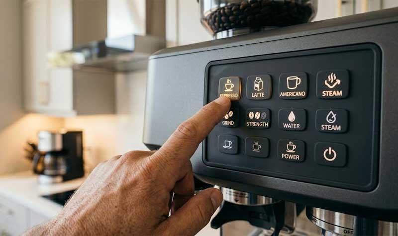 A mans hand pressing a backlit espresso button on a modern coffee machine equipped with durable Smart Home Appliances Silicone Keypads