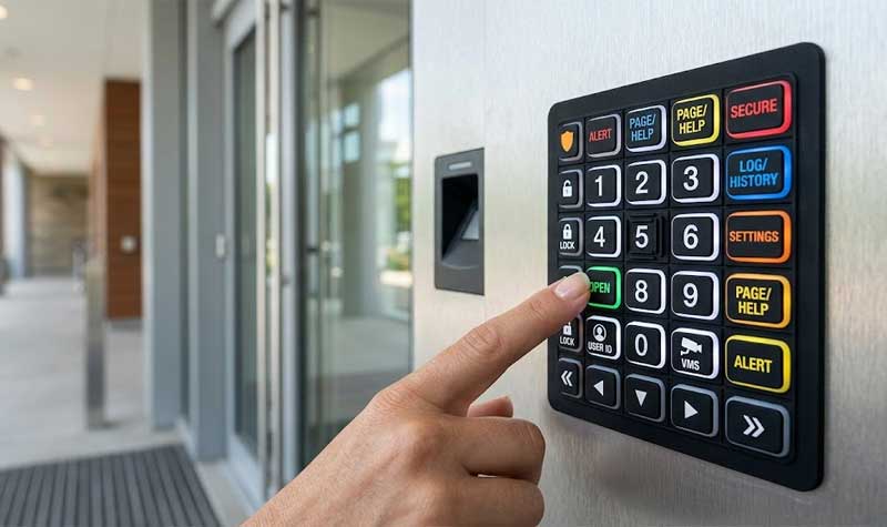 A modern security access control silicone keypad featuring a customizable matrix of multicolored backlit buttons and embossed functional legends