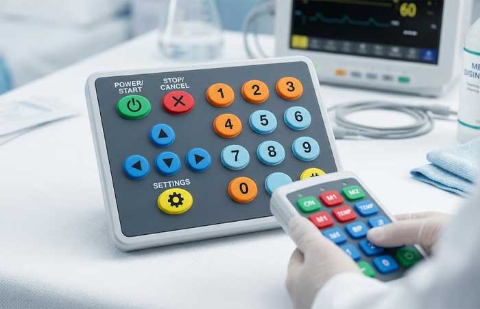 A multi color silicone keypad with color coded buttons integrated into a medical control panel on a hospital lab table near disinfection supplies and monitoring equipment