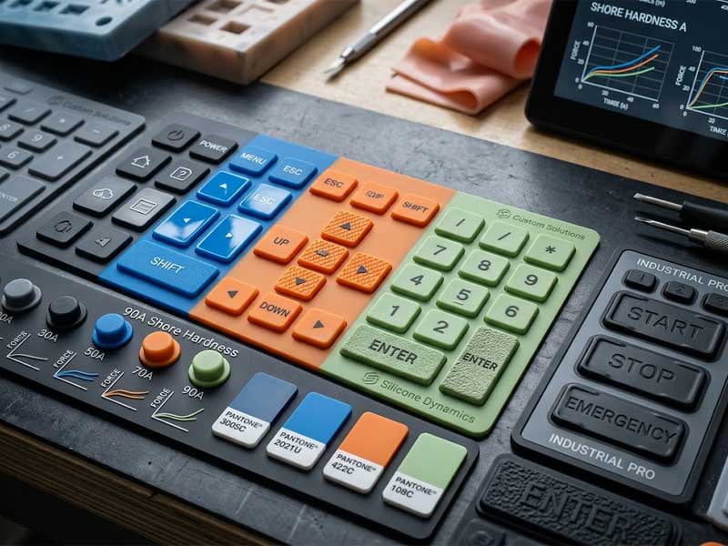 A multi colored silicone control panel demonstrating shore hardness Pantone color textured surfaces Security Access Control Silicone Keypads