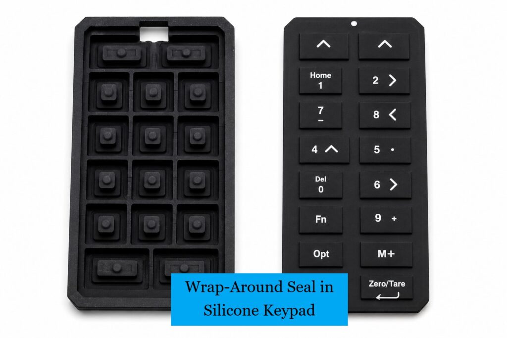 A non-conductive silicone keypad with wrap-around design by overmolding process