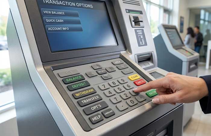 A person operating multi functional Financial Equipment Silicone Keypads with specialized navigation and option keys on a modern banking ATM terminal