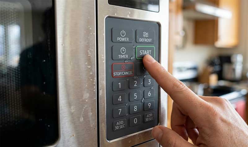 A persons finger pressing the green start button on a microwave control panel with water resistant Smart Home Appliances Silicone Keypads