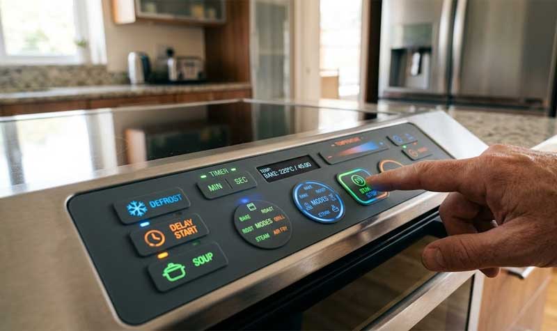 A persons hand operating a sleek kitchen cooktop control panel featuring multi color backlit Smart Home Appliances Silicone Keypads with integrated laser engraved icons