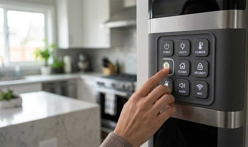 A persons hand pressing a soft touch button on a smart home control panel with silicone keypads in a modern kitchen background