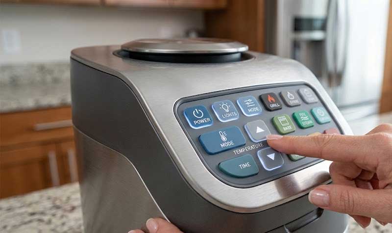 A persons hands operating a compact smart kitchen appliance seamlessly integrated with multi functional Smart Home Appliances Silicone Keypads