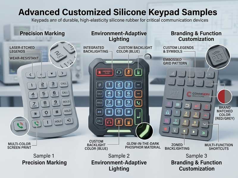 A product showcase features three advanced Telecommunication Devices Silicone Keypads samples