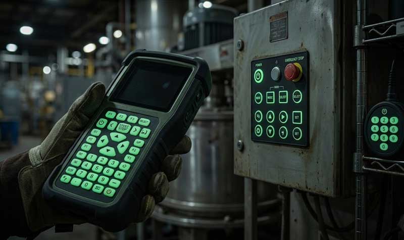 A rugged handheld controller and an industrial machine panel featuring luminous green Glow in the Dark Silicone Keypads are operated inside a dimly lit factory workshop