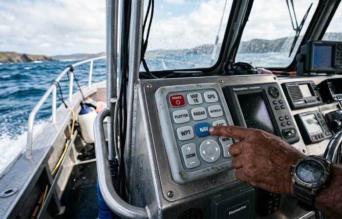 A rugged marine equipment silicone keypad with weather resistant buttons is installed on the control panel of a boat navigating through choppy ocean waters with a hand pressing button