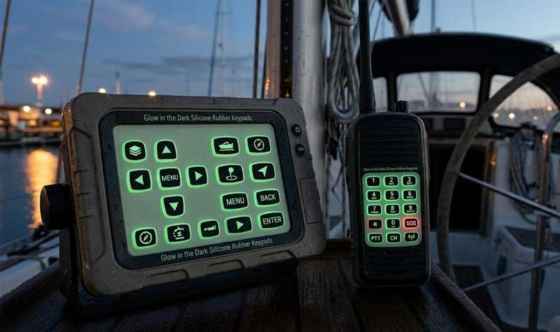 A rugged marine navigation monitor and a handheld communication radio featuring luminous green Glow in the Dark Silicone Keypads are displayed on the wooden deck of a boat at dusk