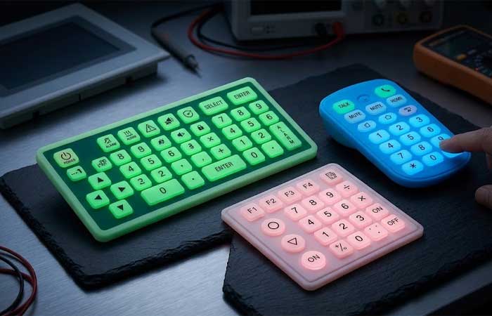 A selection of custom Glow in the Dark Silicone Keypads emitting green blue and pink luminescent light